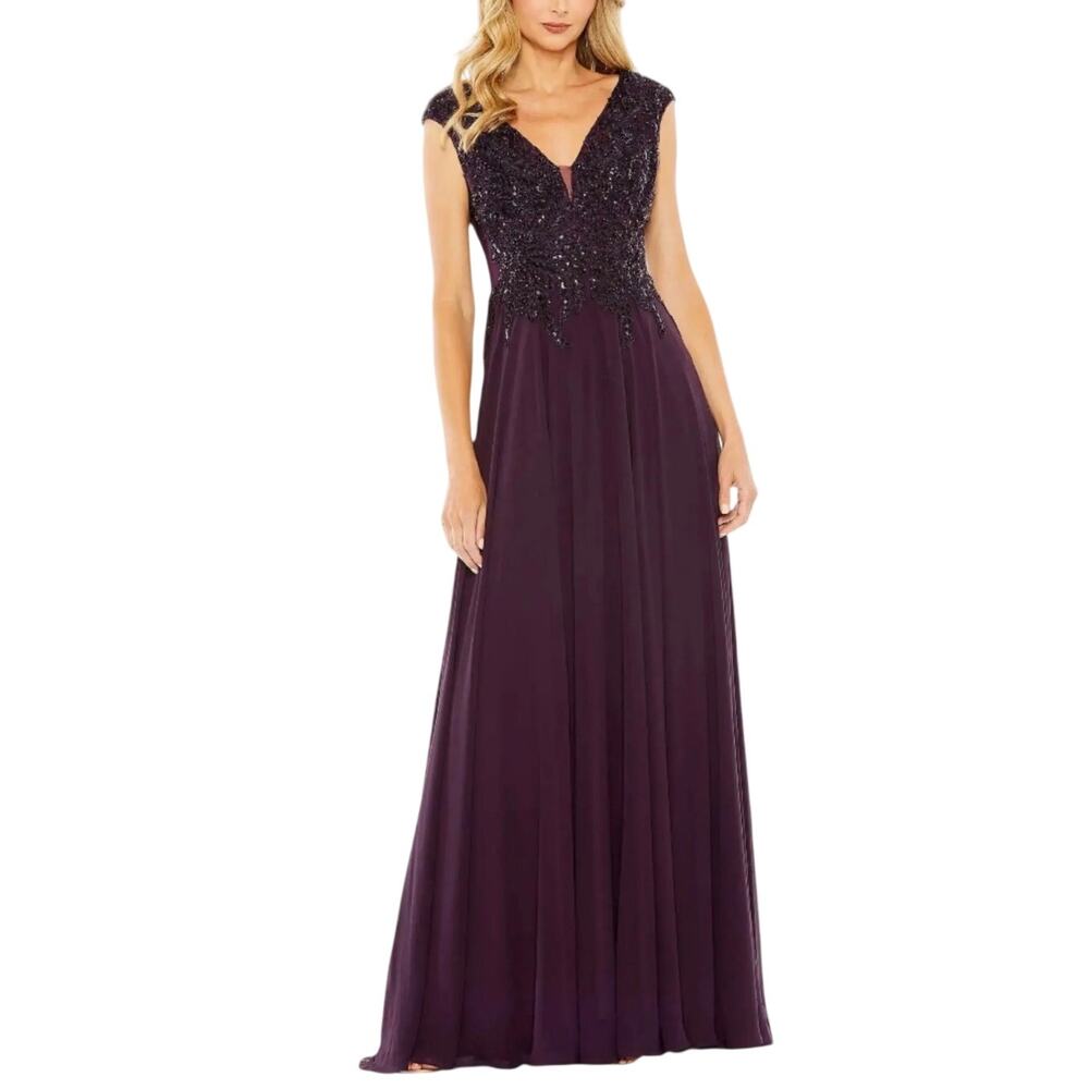 Mac Duggal 20264 Purple Evening Gown Beaded Lace Chiffon A-Line Dress Size 12